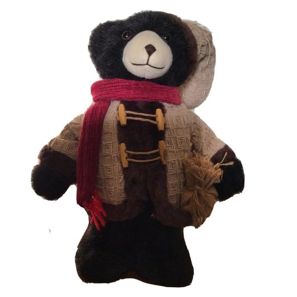 Vintage Holiday Plush Black Standing Bear Handmade Scarf Sweater Hat 14" - Picture 1 of 11